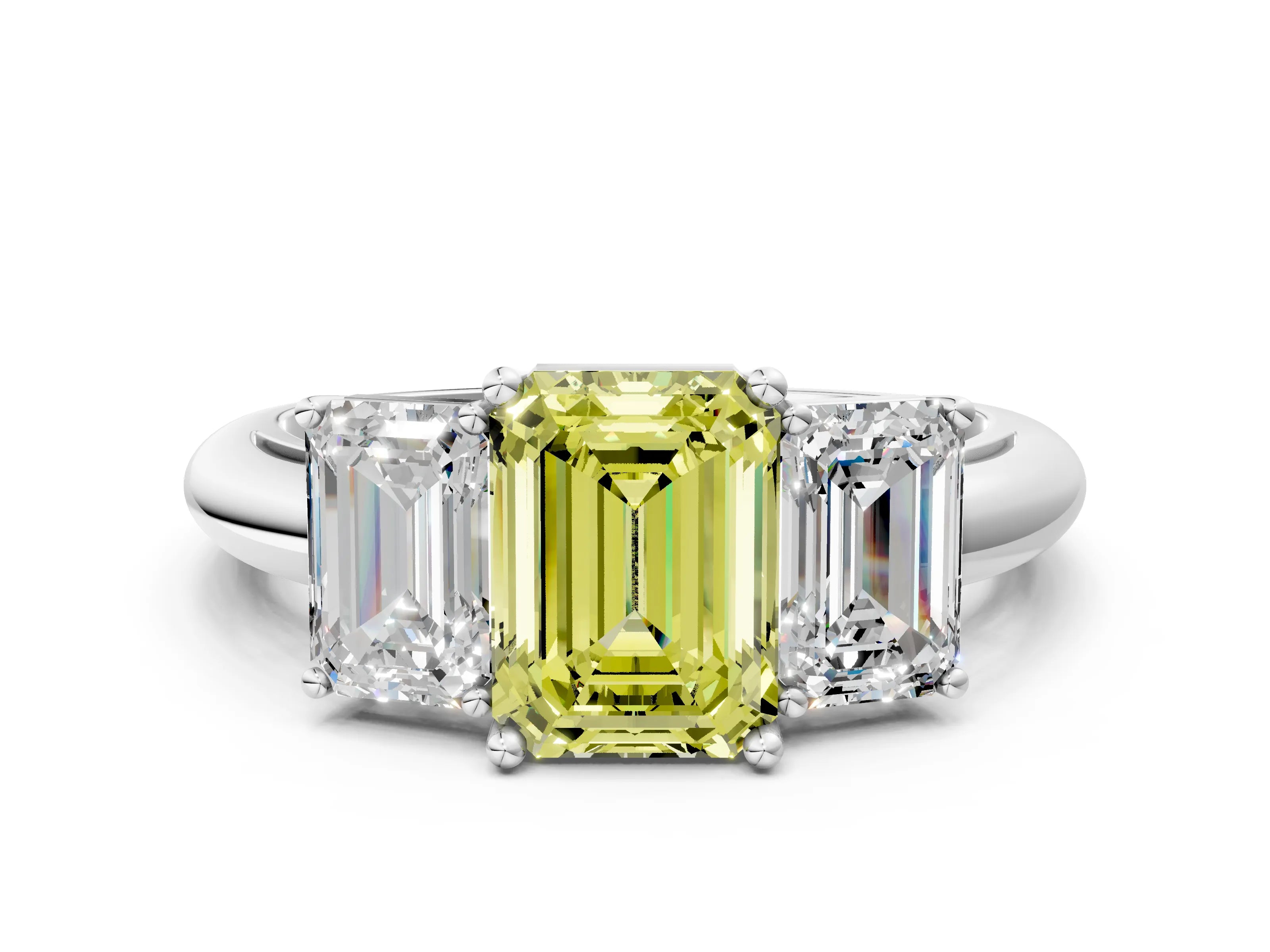 White gold Three-Stone Fancy Yellow Emerald Cut Cut Diamond Engagement Ring with Prong Setting on a White Gold Band_12