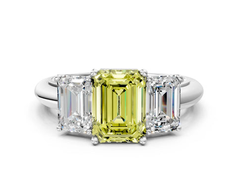 White gold Three-Stone Fancy Yellow Emerald Cut Cut Diamond Engagement Ring with Prong Setting on a White Gold Band_12