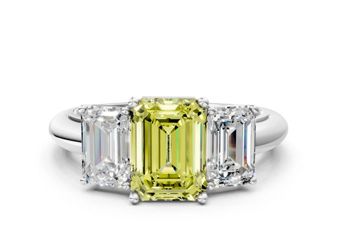 White gold Three-Stone Fancy Yellow Emerald Cut Cut Diamond Engagement Ring with Prong Setting on a White Gold Band_12