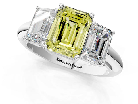 White gold Three-Stone Fancy Yellow Emerald Cut Cut Diamond Engagement Ring with Prong Setting on a White Gold Band_13