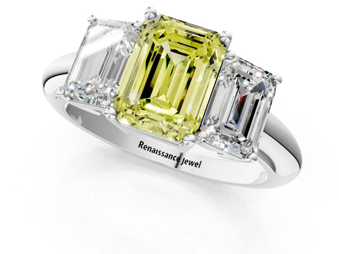 White gold Three-Stone Fancy Yellow Emerald Cut Cut Diamond Engagement Ring with Prong Setting on a White Gold Band_13