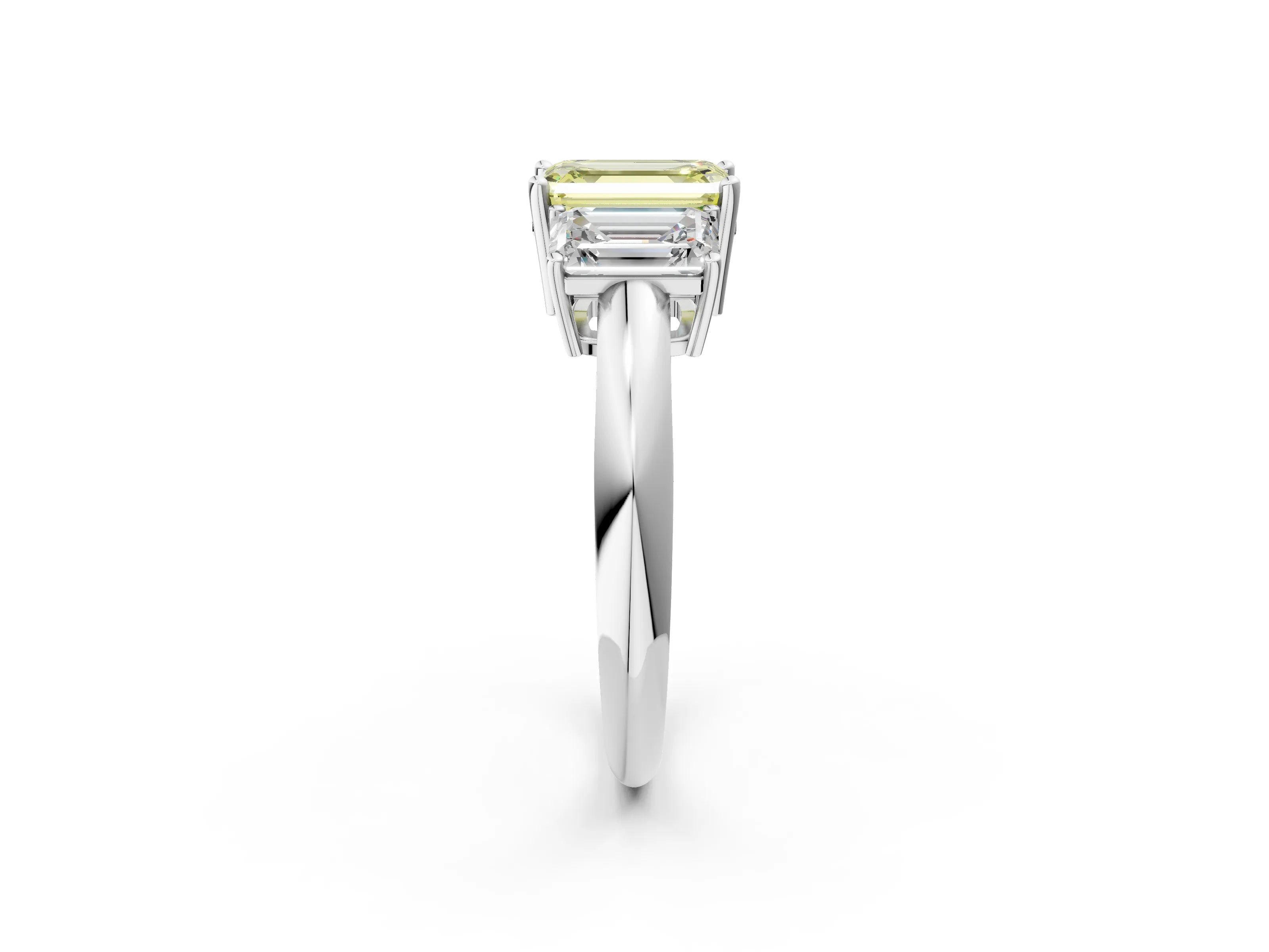 White gold Three-Stone Fancy Yellow Emerald Cut Cut Diamond Engagement Ring with Prong Setting on a White Gold Band_14