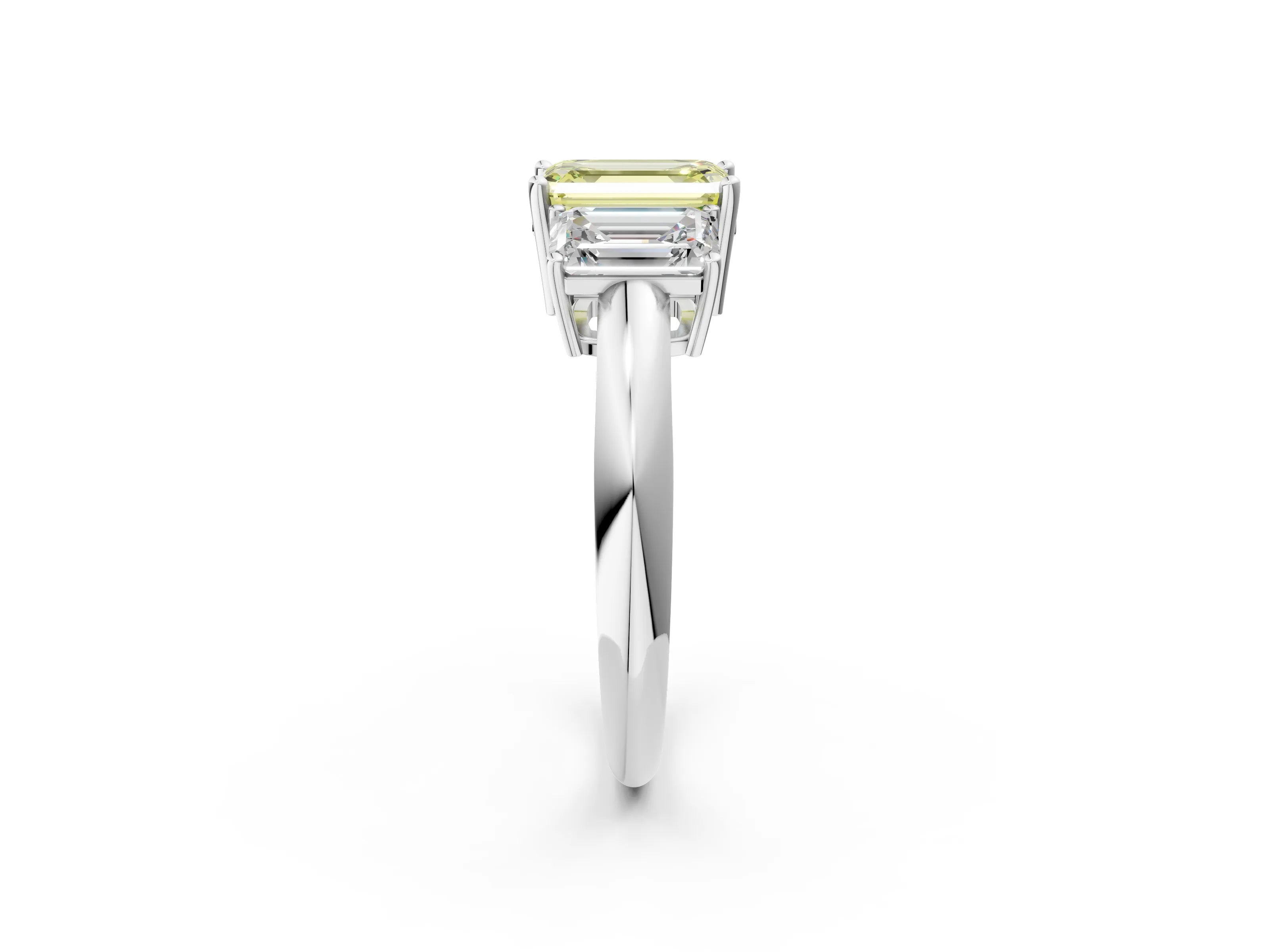 White gold Three-Stone Fancy Yellow Emerald Cut Cut Diamond Engagement Ring with Prong Setting on a White Gold Band_14