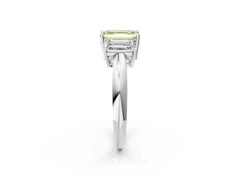 White gold Three-Stone Fancy Yellow Emerald Cut Cut Diamond Engagement Ring with Prong Setting on a White Gold Band_14