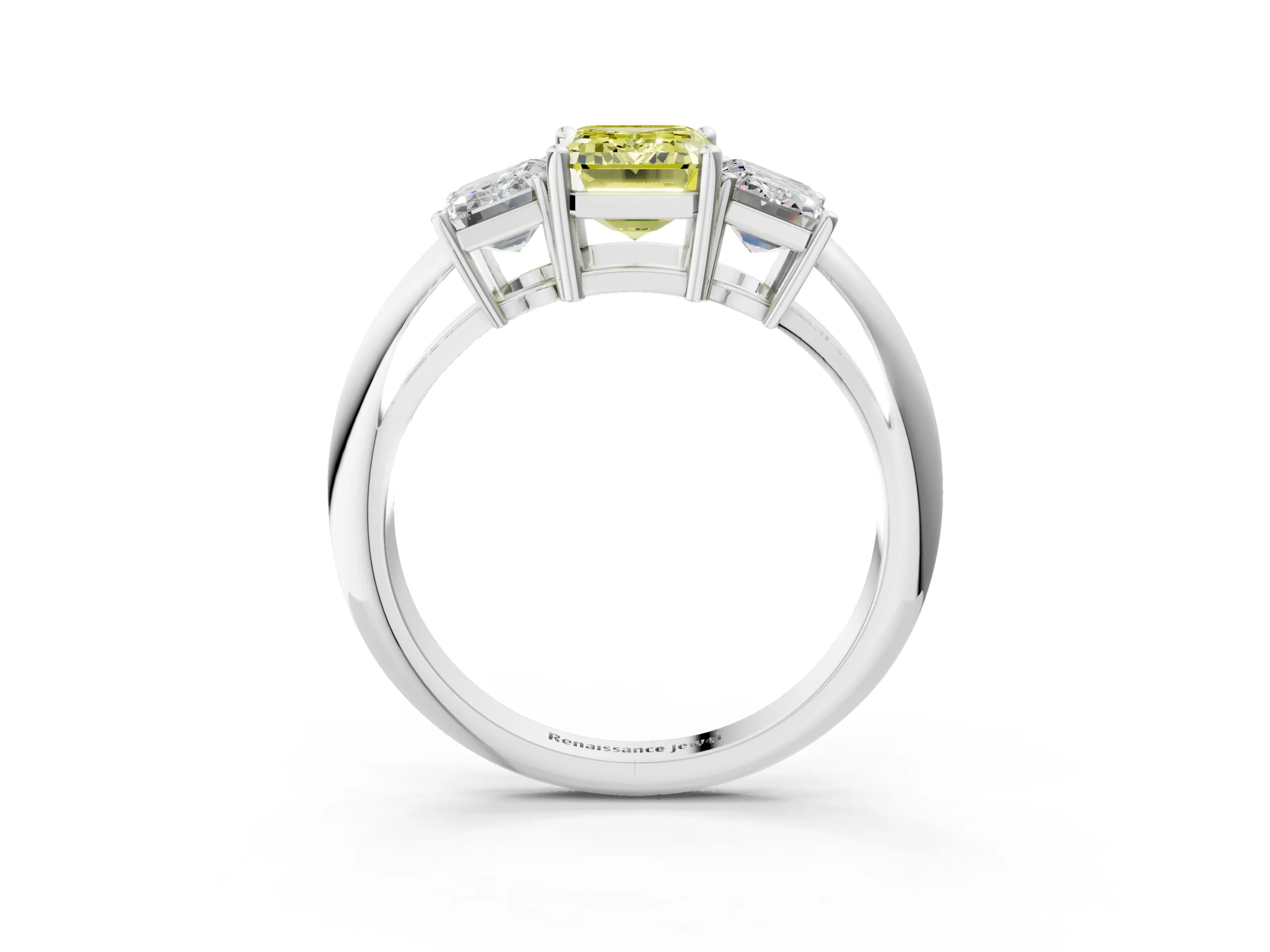 White gold Three-Stone Fancy Yellow Emerald Cut Cut Diamond Engagement Ring with Prong Setting on a White Gold Band_15