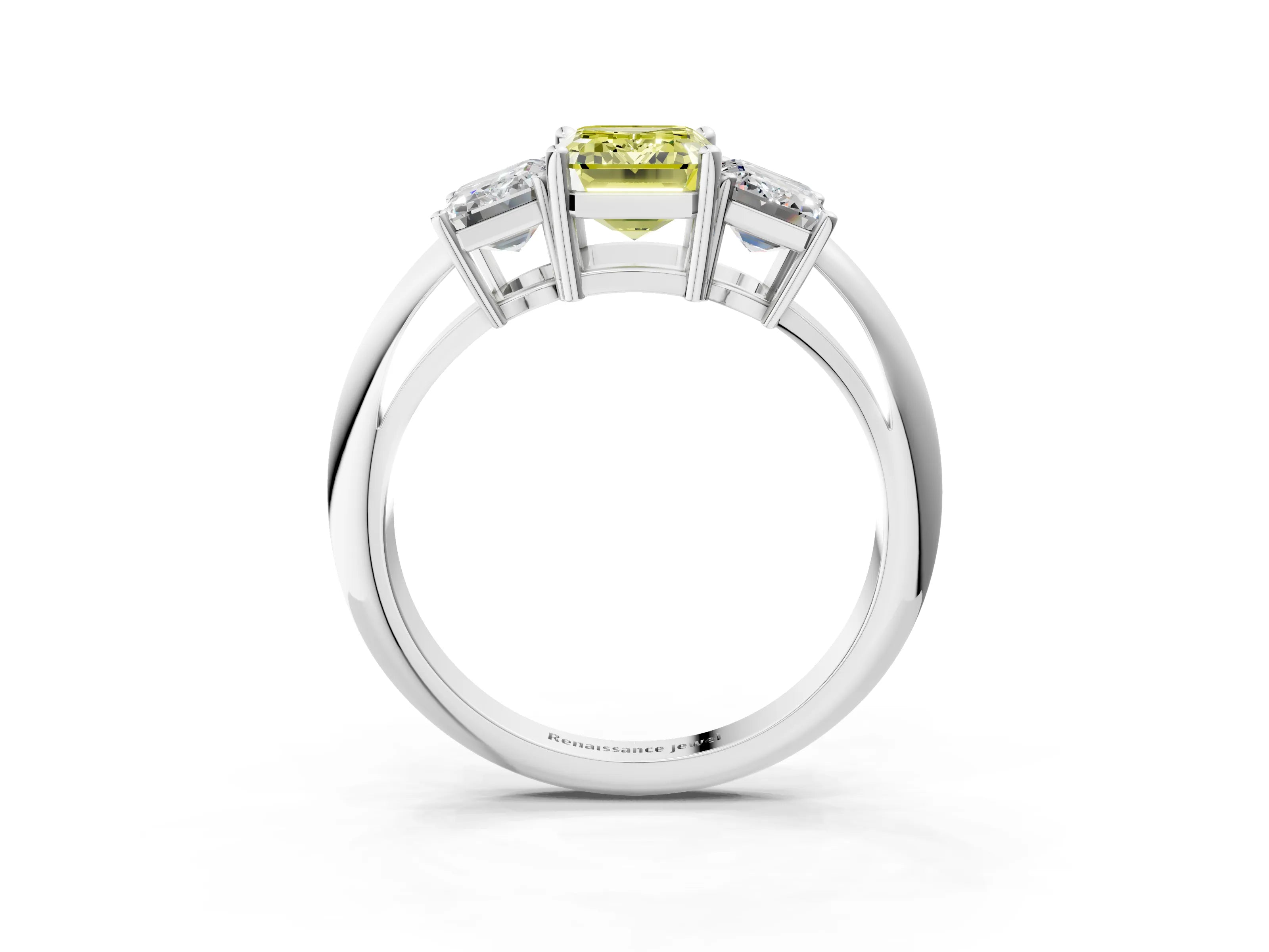 White gold Three-Stone Fancy Yellow Emerald Cut Cut Diamond Engagement Ring with Prong Setting on a White Gold Band_15