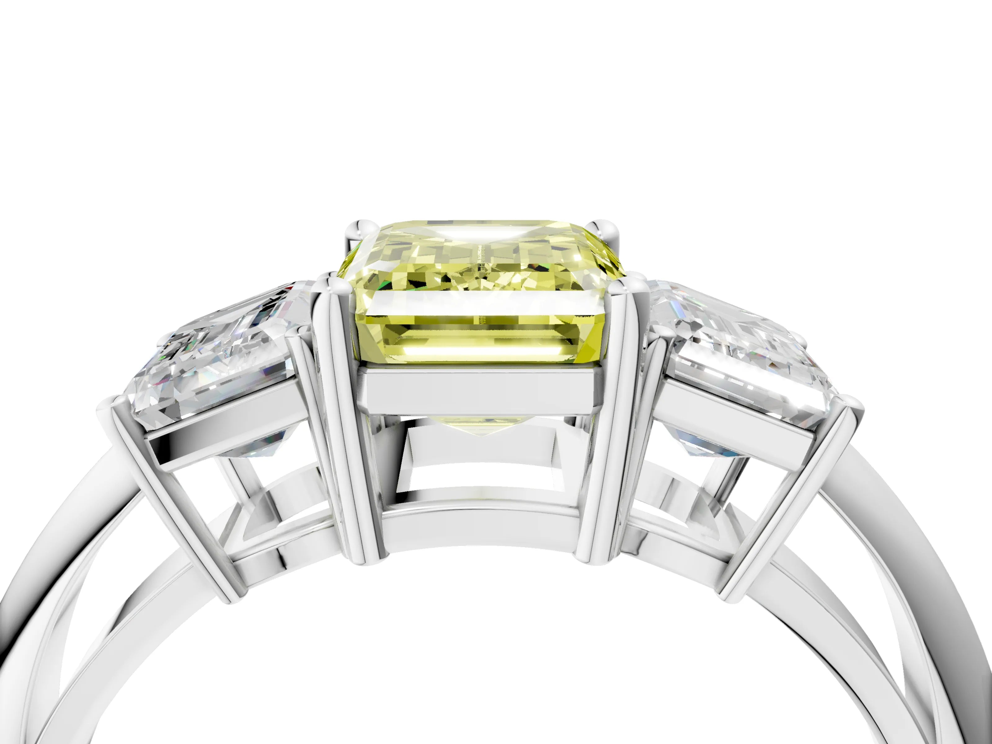 White gold Three-Stone Fancy Yellow Emerald Cut Cut Diamond Engagement Ring with Prong Setting on a White Gold Band_16