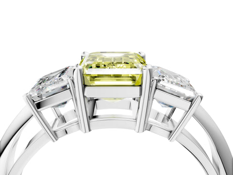 White gold Three-Stone Fancy Yellow Emerald Cut Cut Diamond Engagement Ring with Prong Setting on a White Gold Band_16