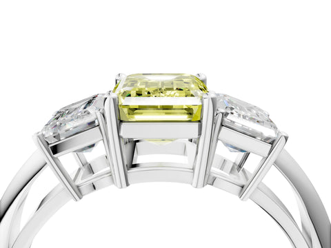 White gold Three-Stone Fancy Yellow Emerald Cut Cut Diamond Engagement Ring with Prong Setting on a White Gold Band_16