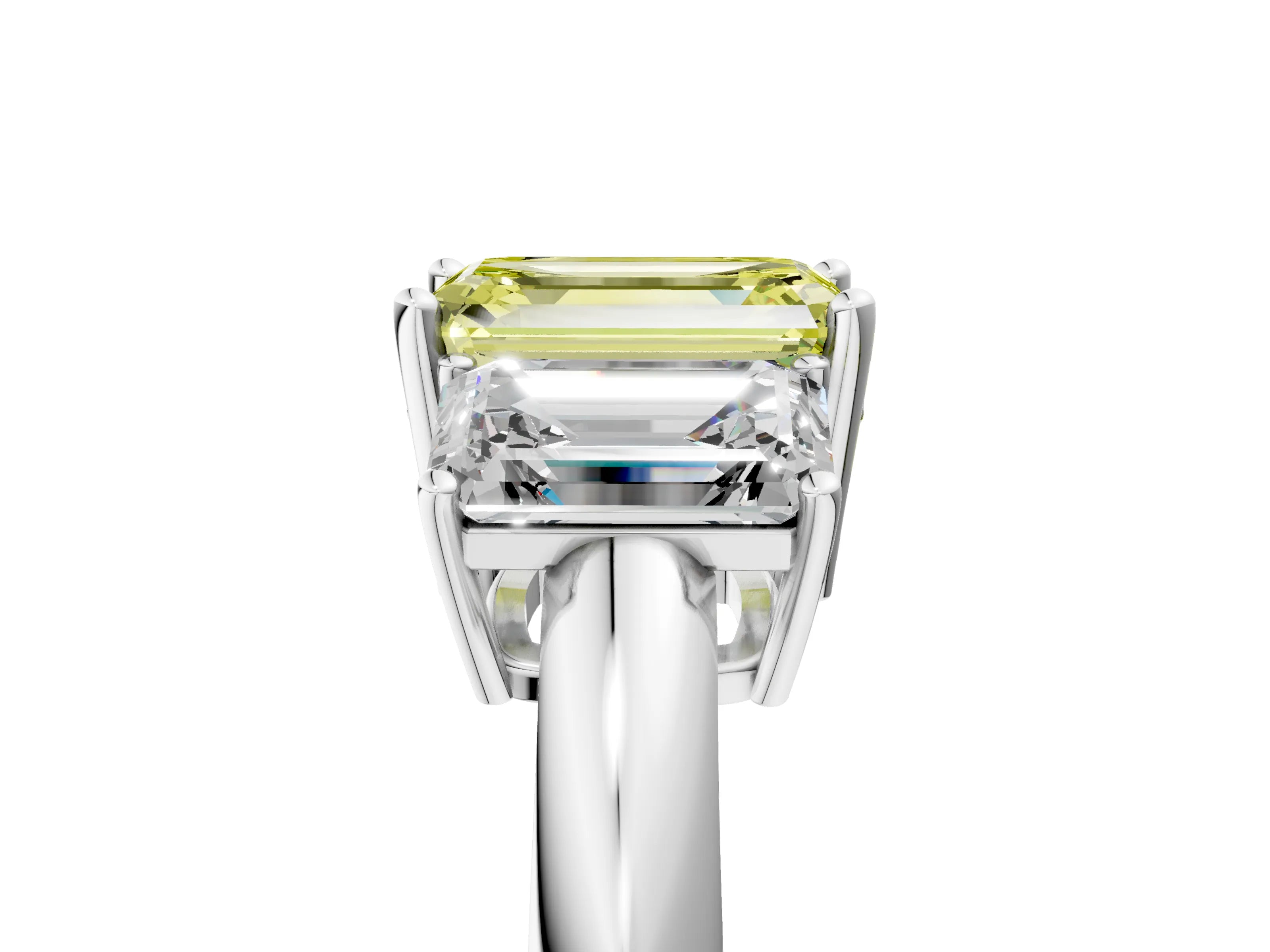 White gold Three-Stone Fancy Yellow Emerald Cut Cut Diamond Engagement Ring with Prong Setting on a White Gold Band_17