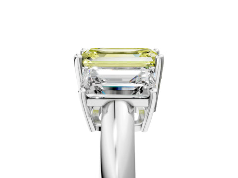 White gold Three-Stone Fancy Yellow Emerald Cut Cut Diamond Engagement Ring with Prong Setting on a White Gold Band_17