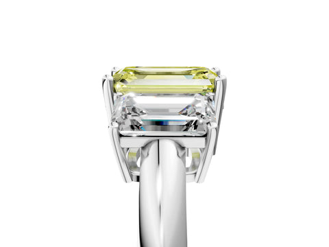 White gold Three-Stone Fancy Yellow Emerald Cut Cut Diamond Engagement Ring with Prong Setting on a White Gold Band_17
