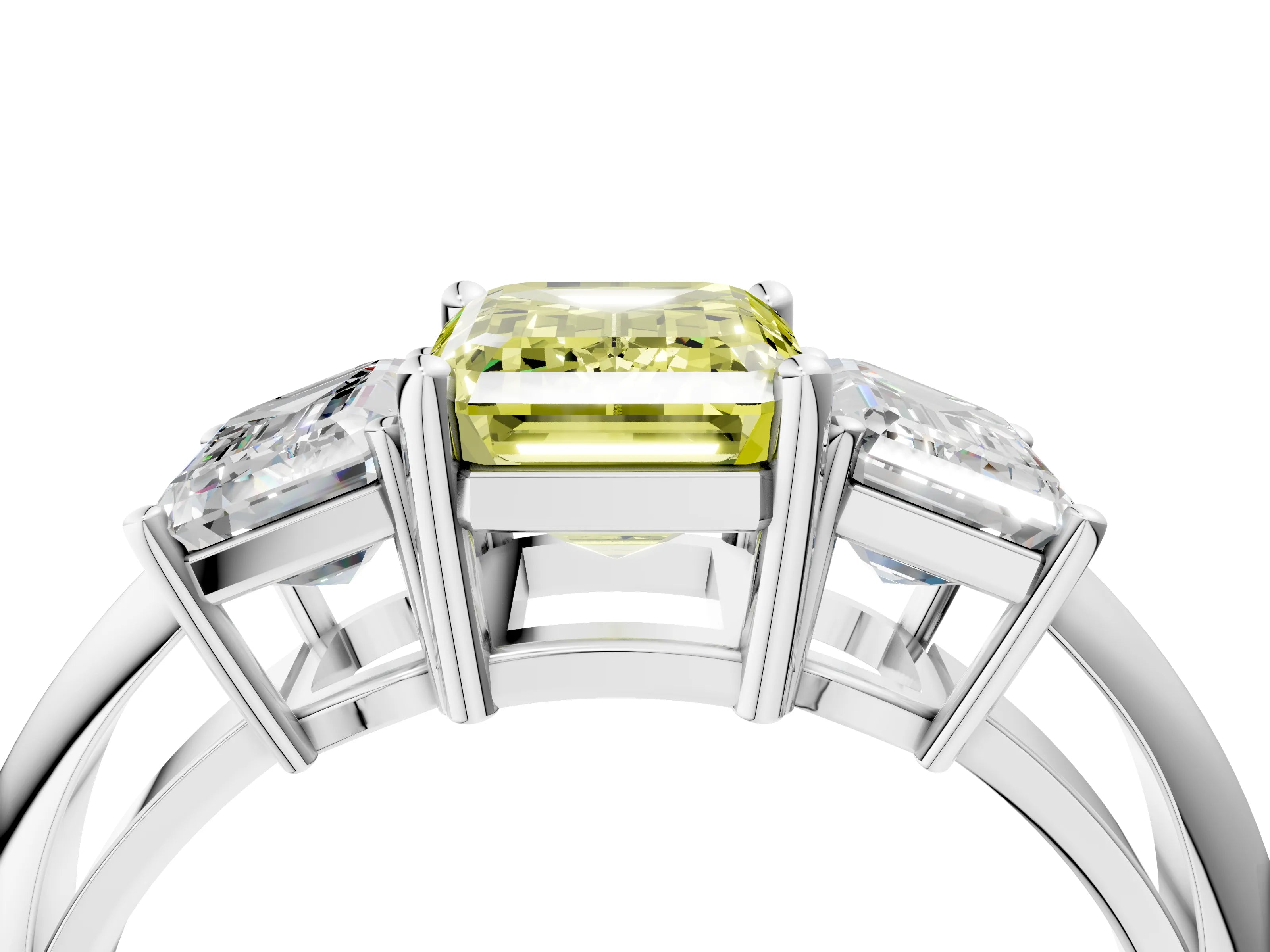 White gold Three-Stone Fancy Yellow Emerald Cut Cut Diamond Engagement Ring with Prong Setting on a White Gold Band_28
