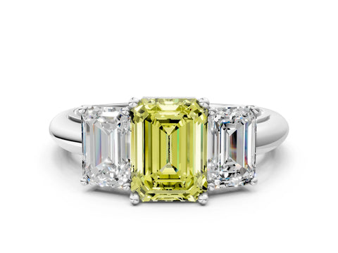 White gold Three-Stone Fancy Yellow Emerald Cut Cut Diamond Engagement Ring with Prong Setting on a White Gold Band_36
