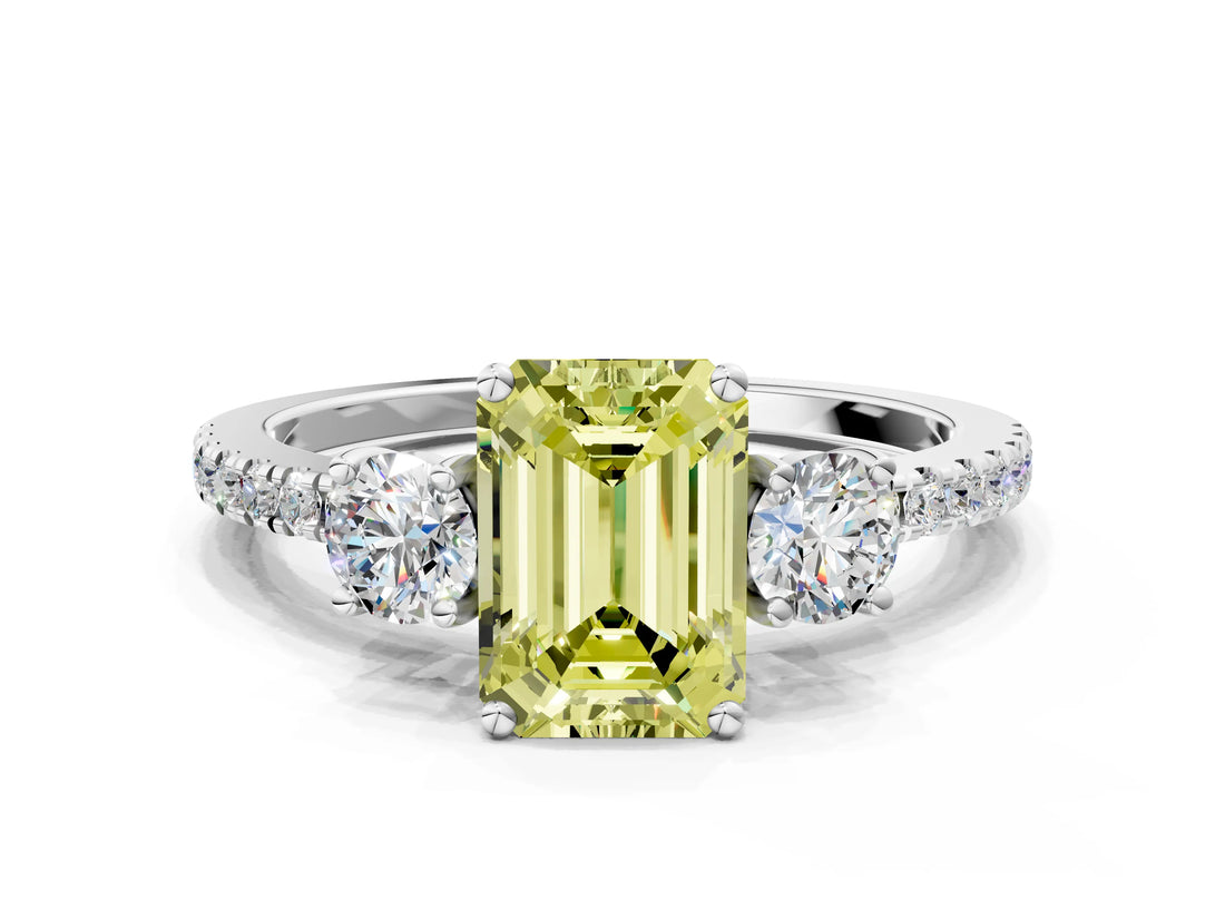 White gold Three-Stone Fancy Yellow Emerald Cut Cut Diamond Pavé Band with Prong Setting_63