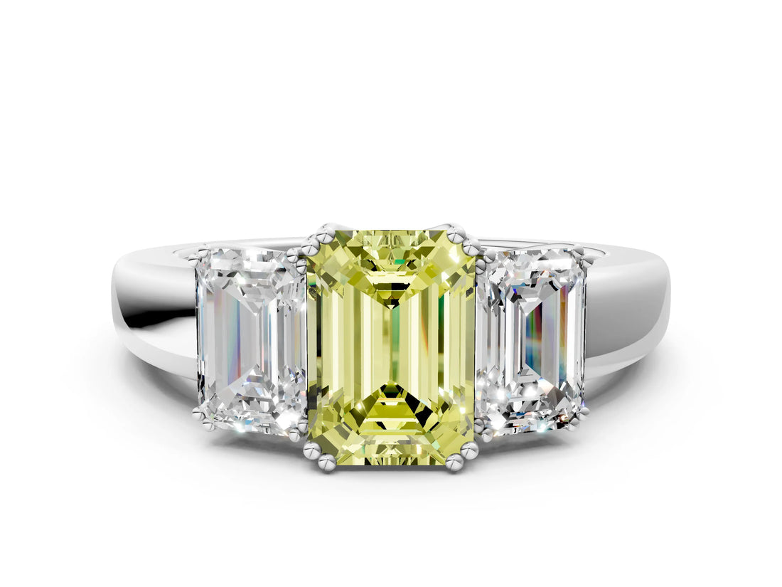 White gold Three-Stone Fancy Yellow Emerald Cut Cut Diamond Ring with Channel Set Band and Four-Prong Setting_12