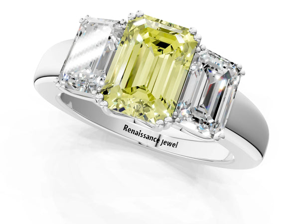 Platinum Three-Stone Fancy Yellow Emerald Cut Cut Diamond Ring with Channel Set Band and Four-Prong Setting