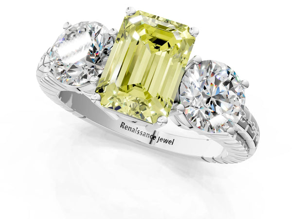 White gold Three-Stone Fancy Yellow Emerald Cut Cut Diamond Ring with Channel-Set Band and Prong Setting