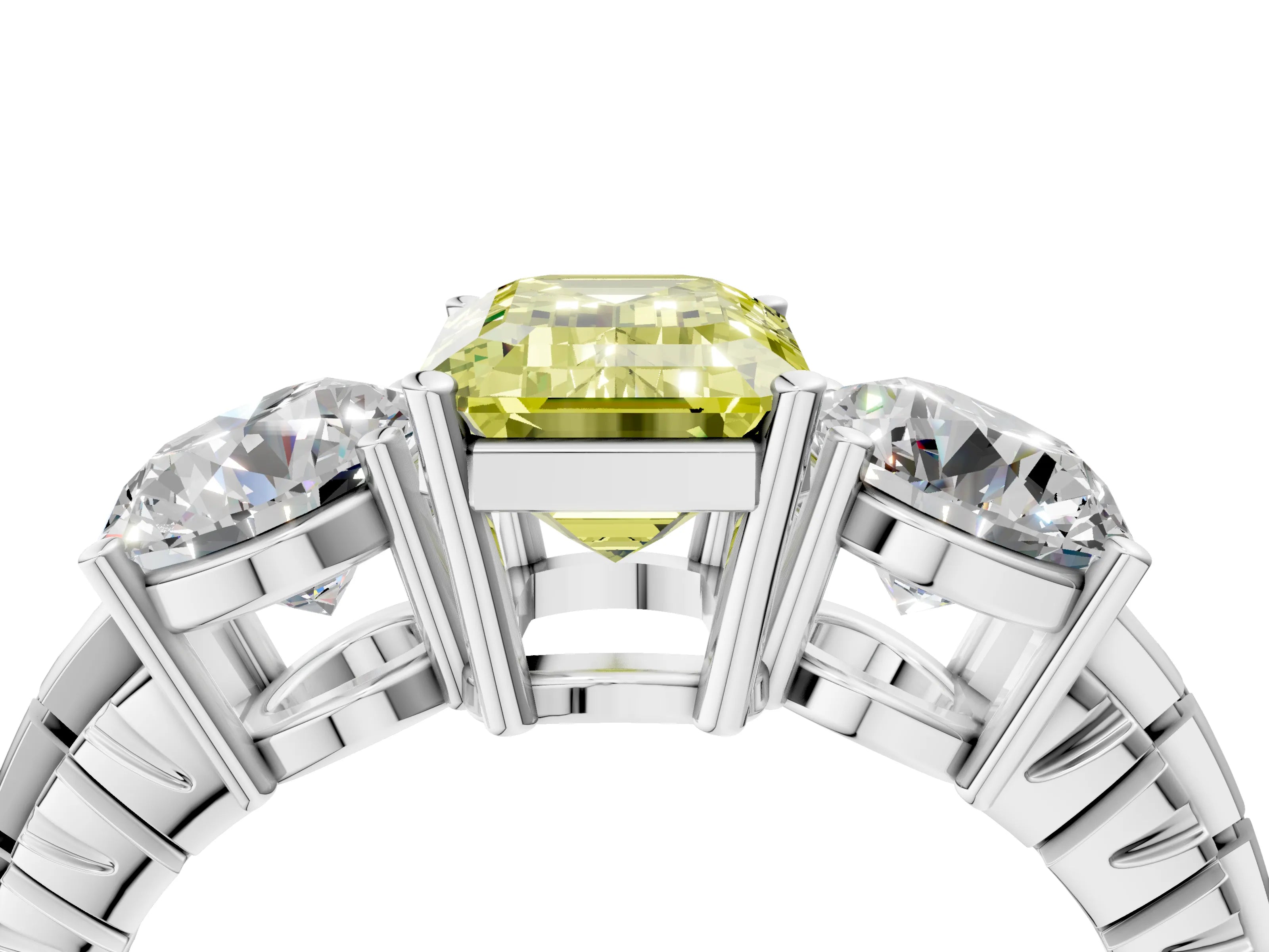 White gold Three-Stone Fancy Yellow Emerald Cut Cut Diamond Ring with Channel-Set Band and Prong Setting_4