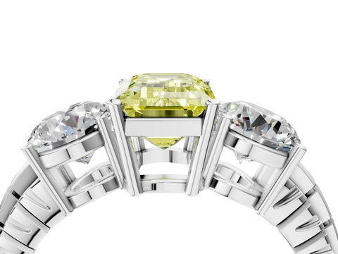 White gold Three-Stone Fancy Yellow Emerald Cut Cut Diamond Ring with Channel-Set Band and Prong Setting_4