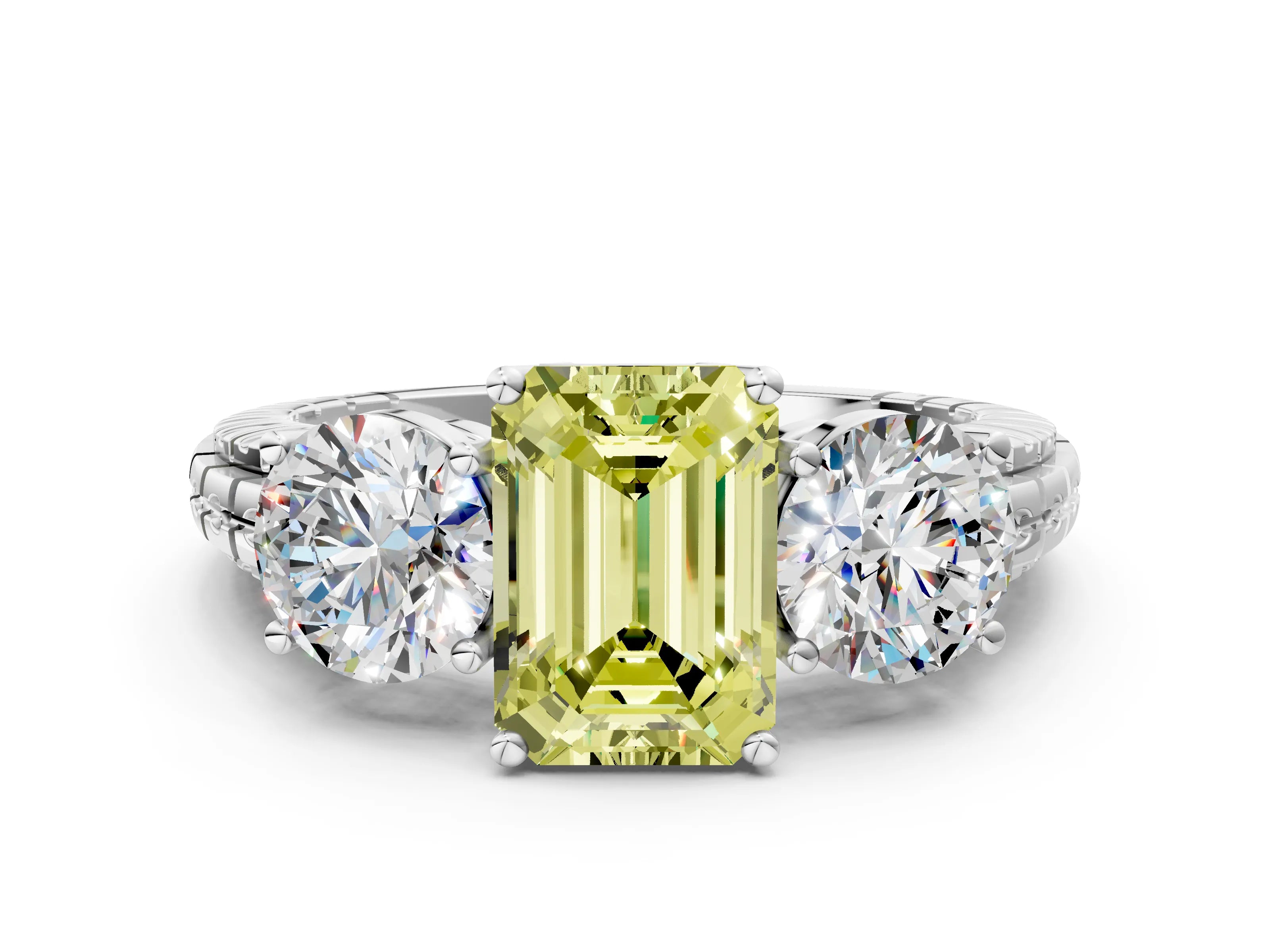 White gold Three-Stone Fancy Yellow Emerald Cut Cut Diamond Ring with Channel-Set Band and Prong Setting
