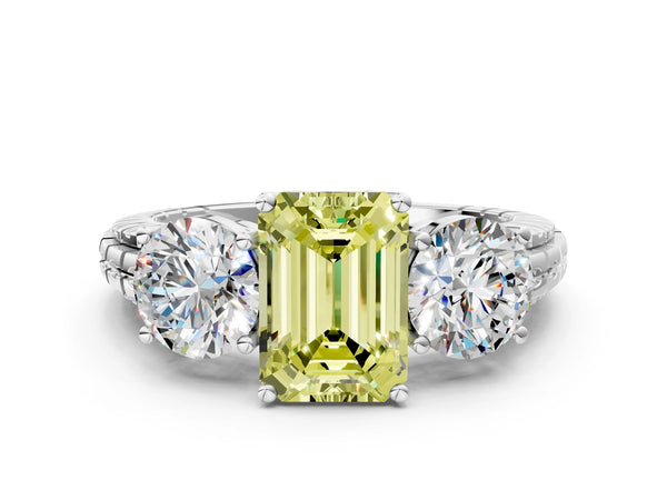 White gold Three-Stone Fancy Yellow Emerald Cut Cut Diamond Ring with Channel-Set Band and Prong Setting