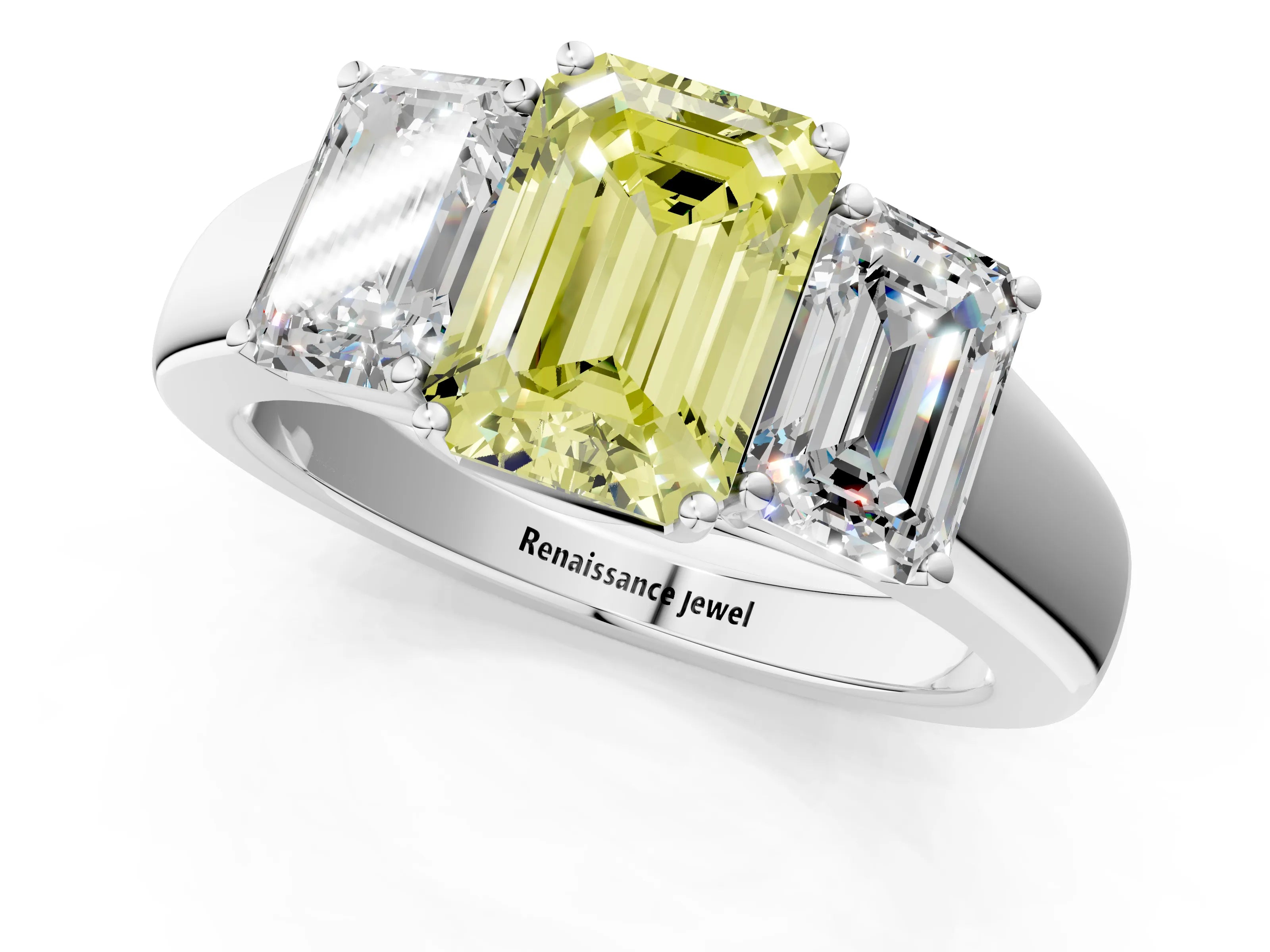 White gold Three-Stone Fancy Yellow Emerald Cut Cut Diamond Ring with Prong Setting and Classic Band_1
