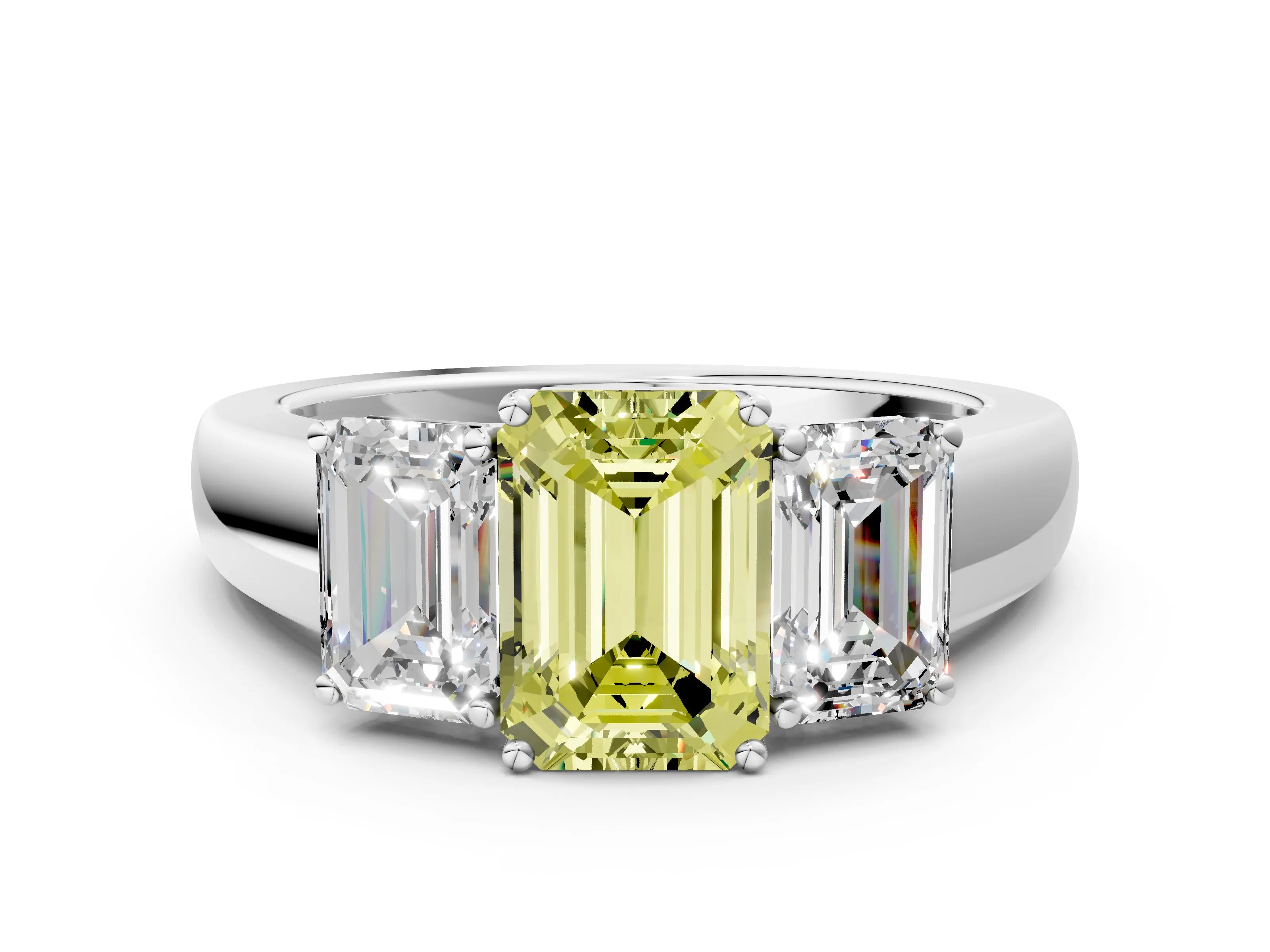 White gold Three-Stone Fancy Yellow Emerald Cut Cut Diamond Ring with Prong Setting and Classic Band