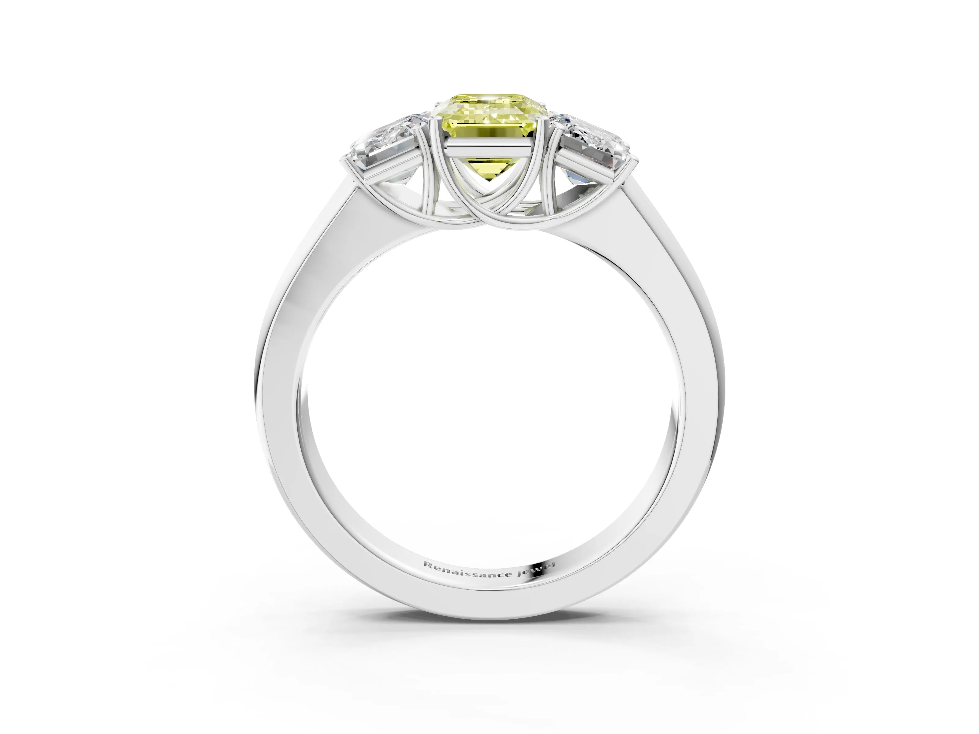 White gold Three-Stone Fancy Yellow Emerald Cut Cut Diamond Ring with Prong Setting and Classic Band_3