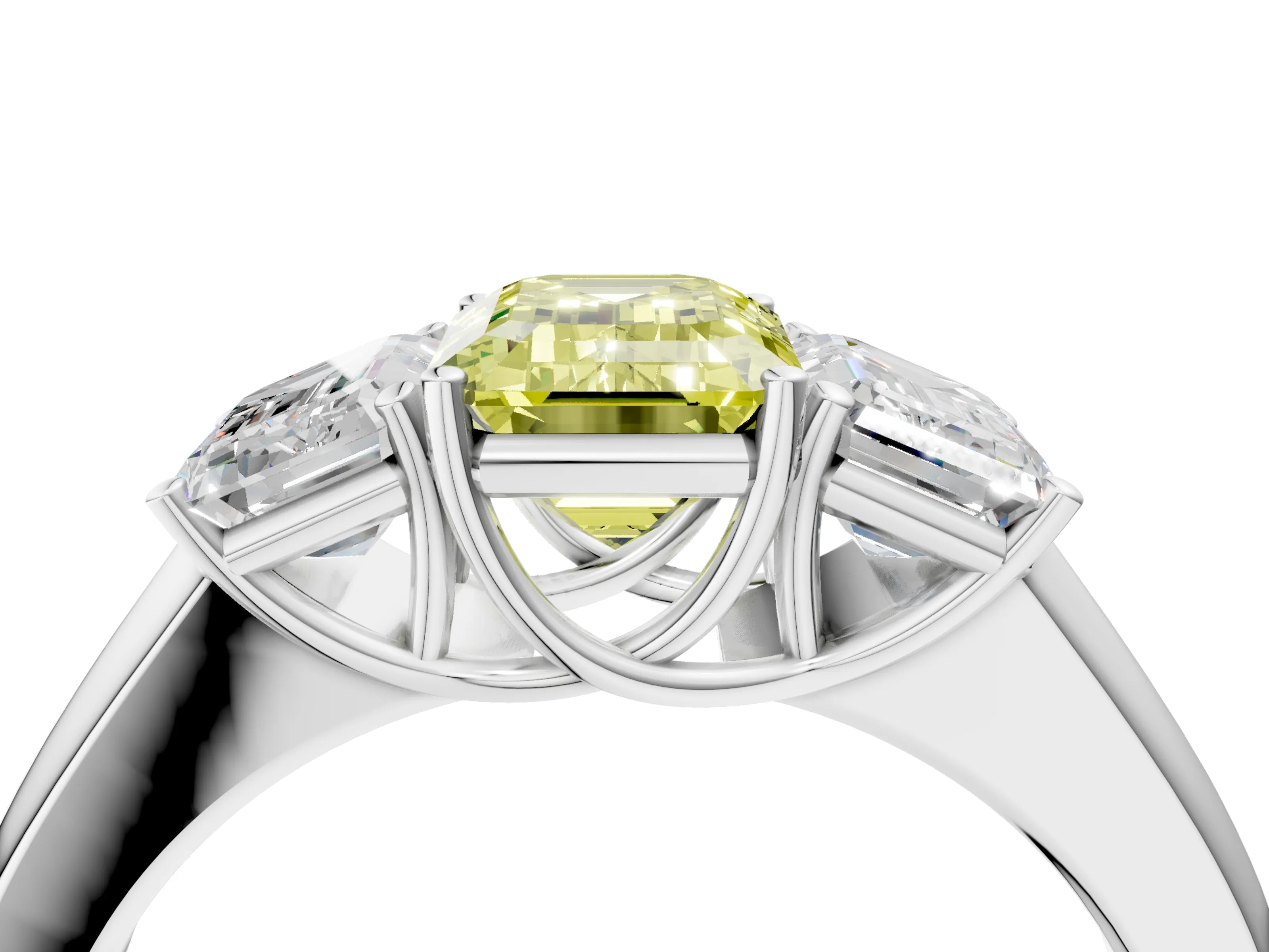White gold Three-Stone Fancy Yellow Emerald Cut Cut Diamond Ring with Prong Setting and Classic Band_4
