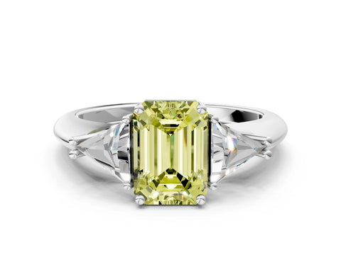 White gold Three-Stone Fancy Yellow Emerald Cut Cut Diamond Ring with Trillion Side Stones and Four-Prong Setting_11