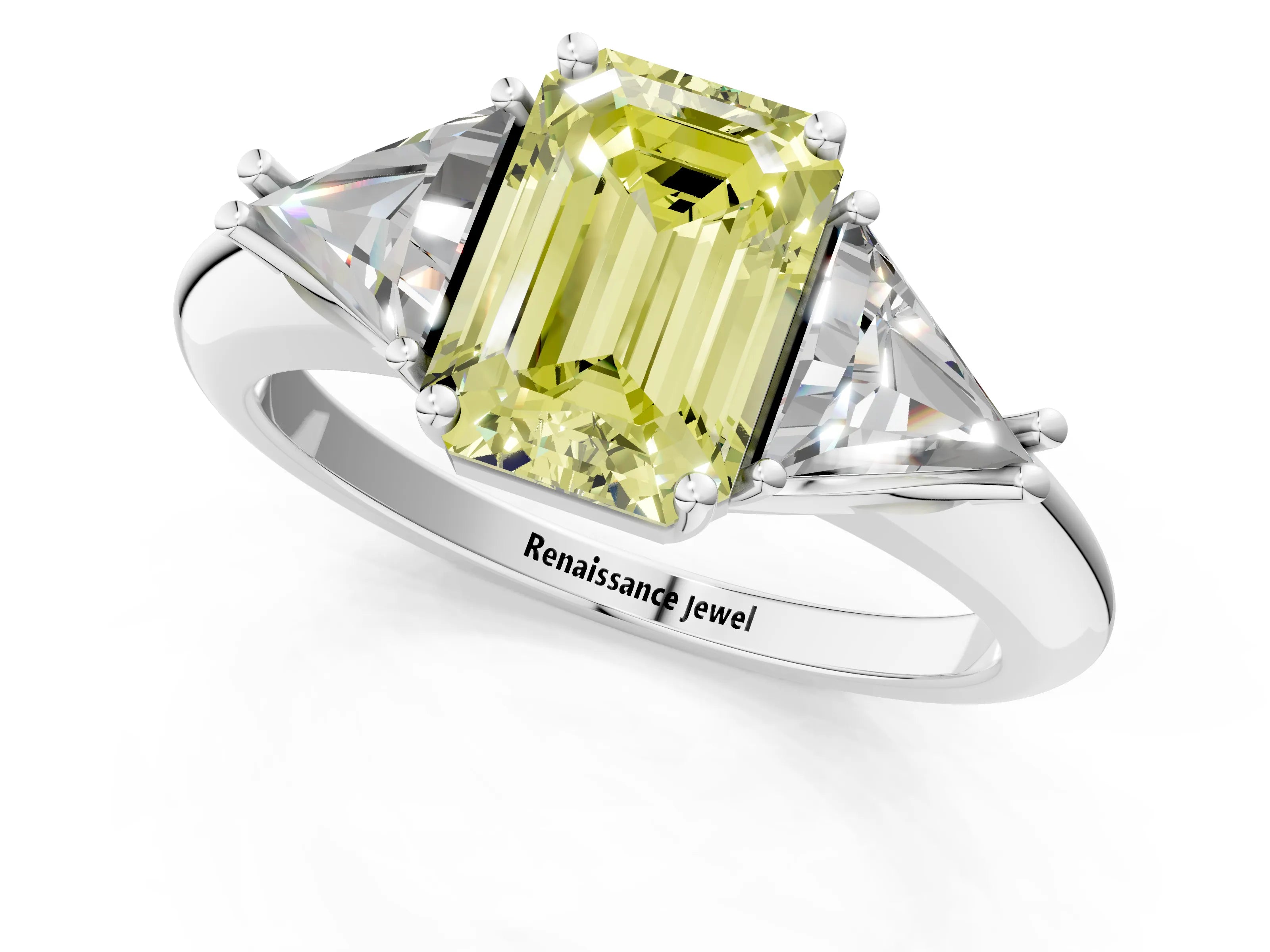 White gold Three-Stone Fancy Yellow Emerald Cut Cut Diamond Ring with Trillion Side Stones and Four-Prong Setting_12