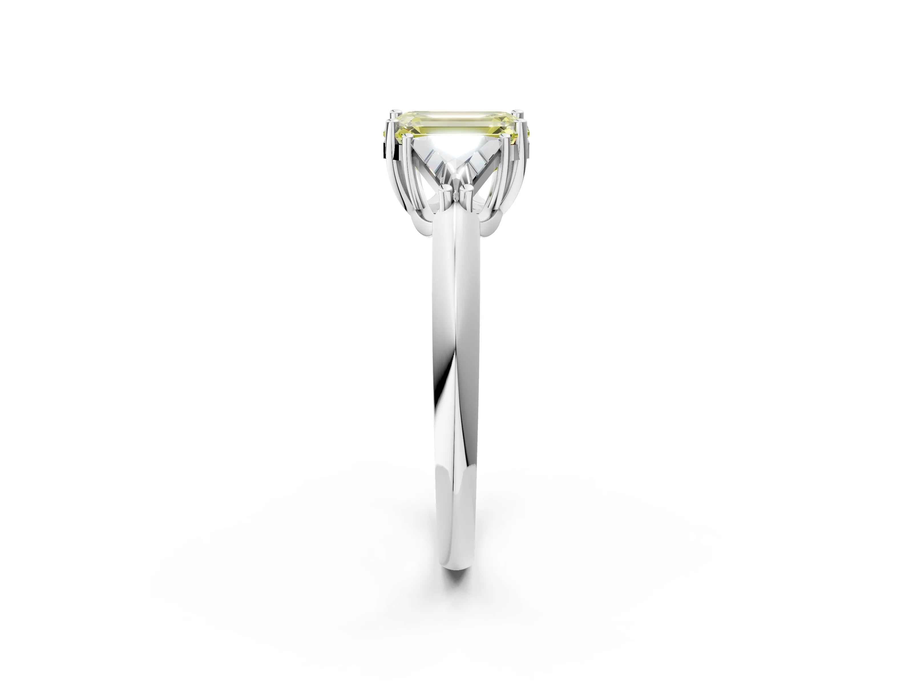 White gold Three-Stone Fancy Yellow Emerald Cut Cut Diamond Ring with Trillion Side Stones and Four-Prong Setting_13