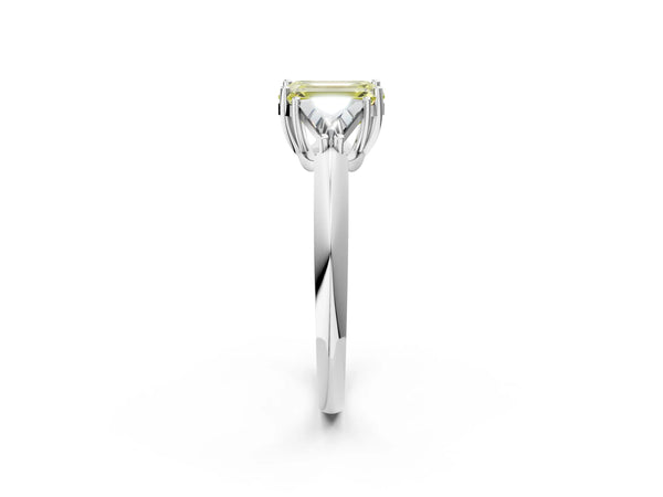 White gold Three-Stone Fancy Yellow Emerald Cut Cut Diamond Ring with Trillion Side Stones and Four-Prong Setting