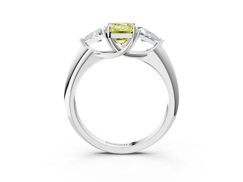 White gold Three-Stone Fancy Yellow Emerald Cut Cut Diamond Ring with Trillion Side Stones and Four-Prong Setting_14