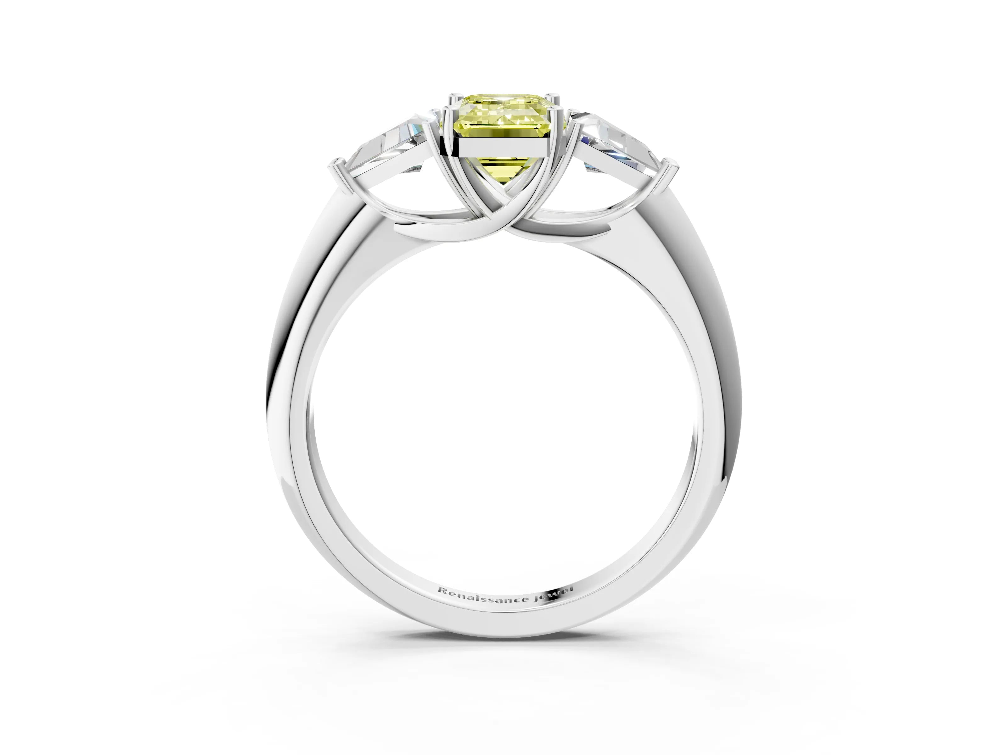 White gold Three-Stone Fancy Yellow Emerald Cut Cut Diamond Ring with Trillion Side Stones and Four-Prong Setting_14