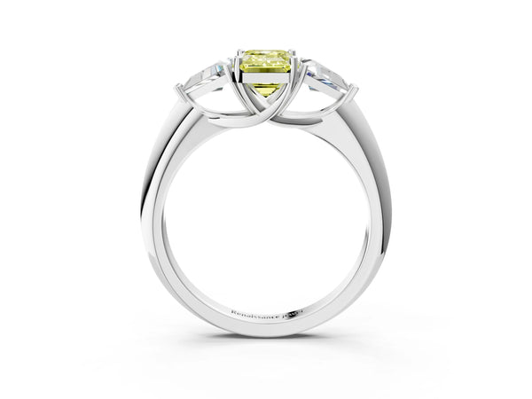 White gold Three-Stone Fancy Yellow Emerald Cut Cut Diamond Ring with Trillion Side Stones and Four-Prong Setting