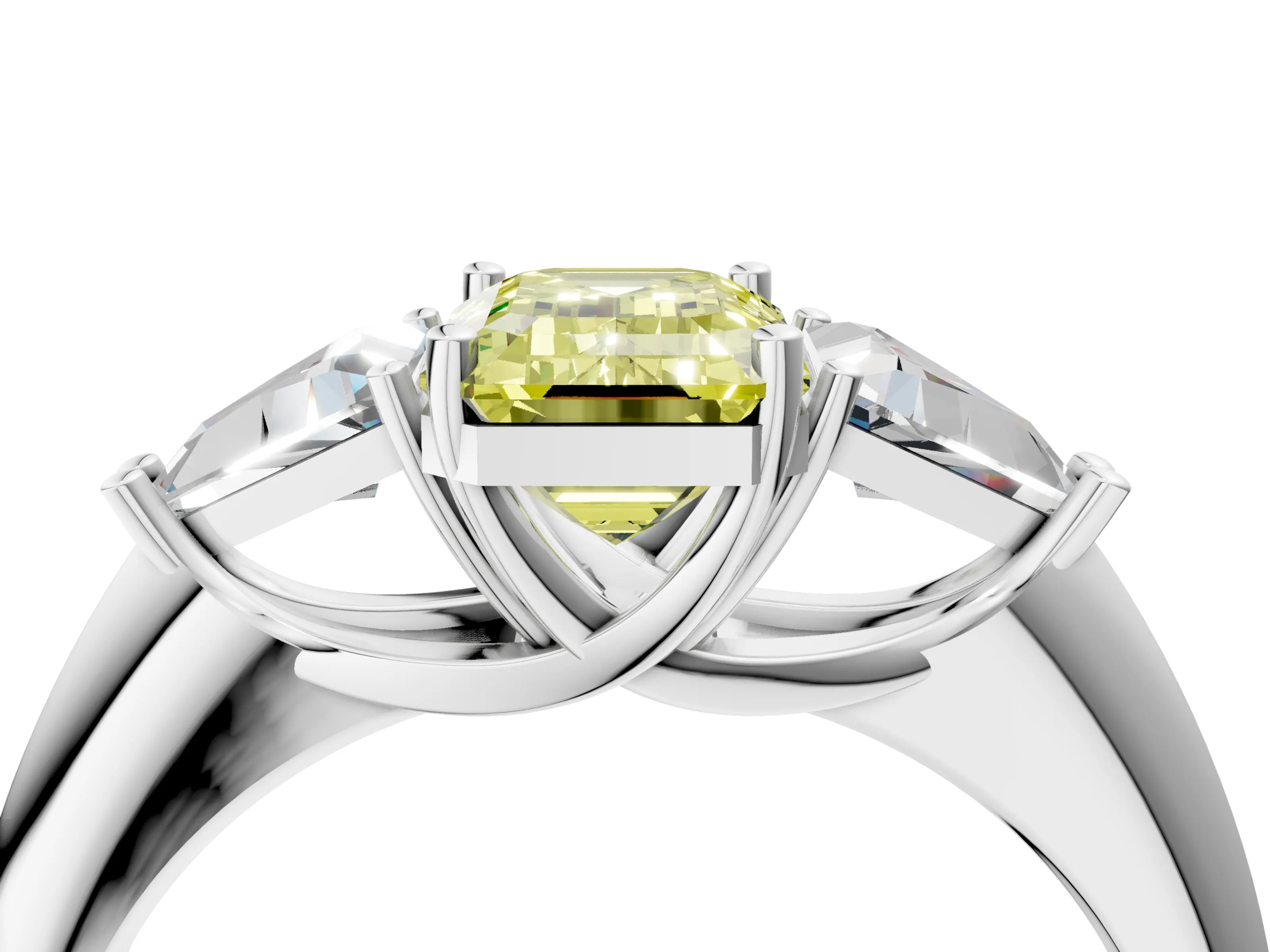 White gold Three-Stone Fancy Yellow Emerald Cut Cut Diamond Ring with Trillion Side Stones and Four-Prong Setting_15