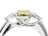 White gold Three-Stone Fancy Yellow Emerald Cut Cut Diamond Ring with Trillion Side Stones and Four-Prong Setting_15