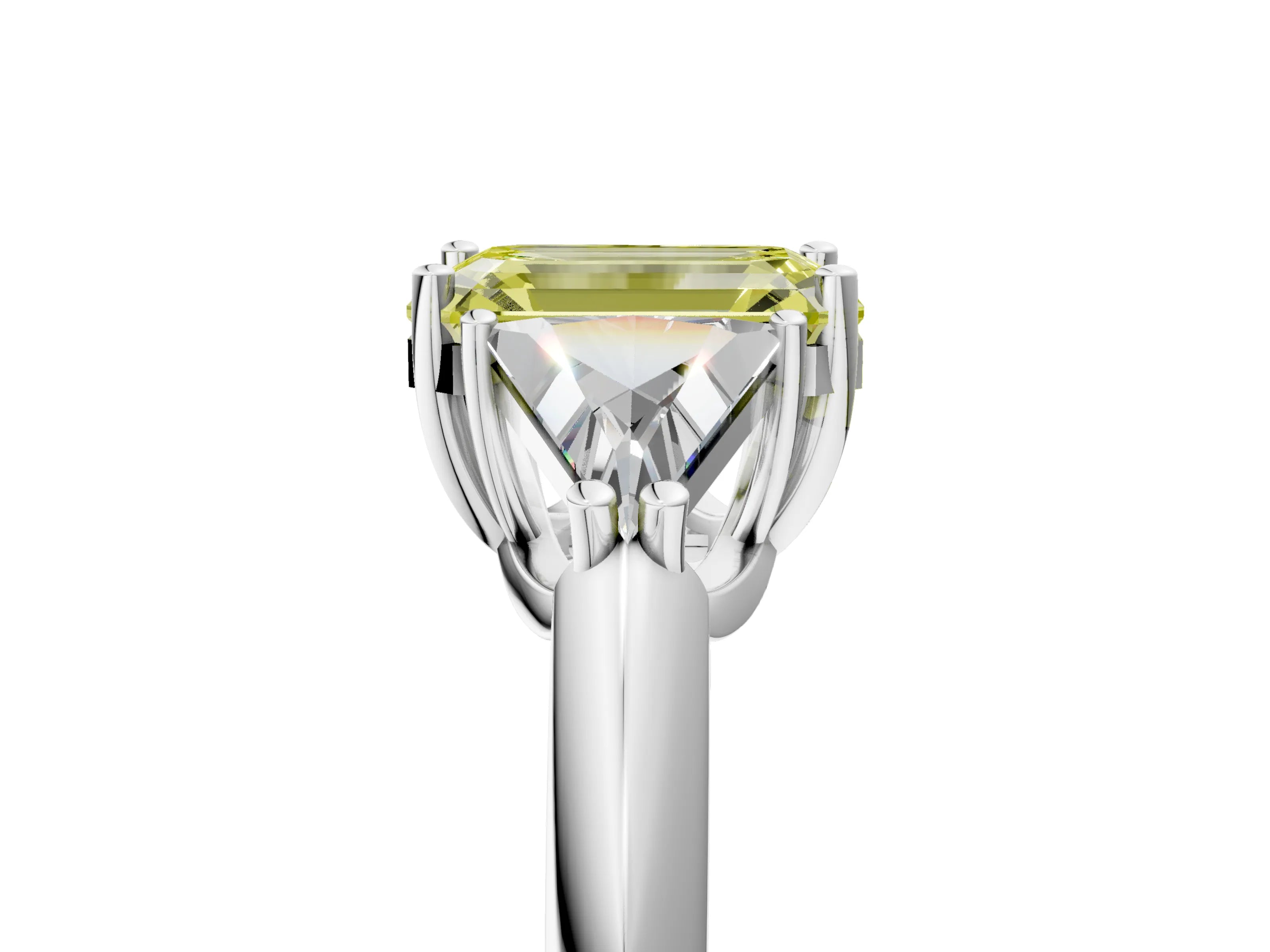 White gold Three-Stone Fancy Yellow Emerald Cut Cut Diamond Ring with Trillion Side Stones and Four-Prong Setting_16