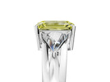 White gold Three-Stone Fancy Yellow Emerald Cut Cut Diamond Ring with Trillion Side Stones on a Split Shank Band_5