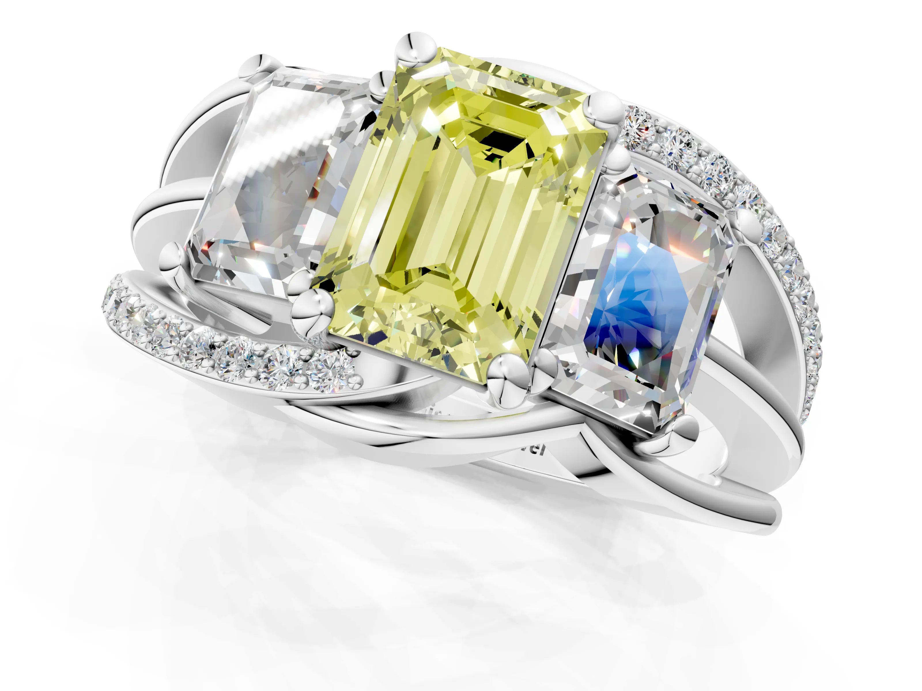 White gold Three-Stone Fancy Yellow Emerald Cut Cut Diamond Split Shank Prong Set Ring_25