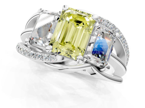 White gold Three-Stone Fancy Yellow Emerald Cut Cut Diamond Split Shank Prong Set Ring_25