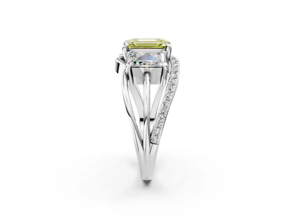 Platinum Emerald Cut Three Stone Split Shank Engagement Ring Setting for Fancy Yellow Center