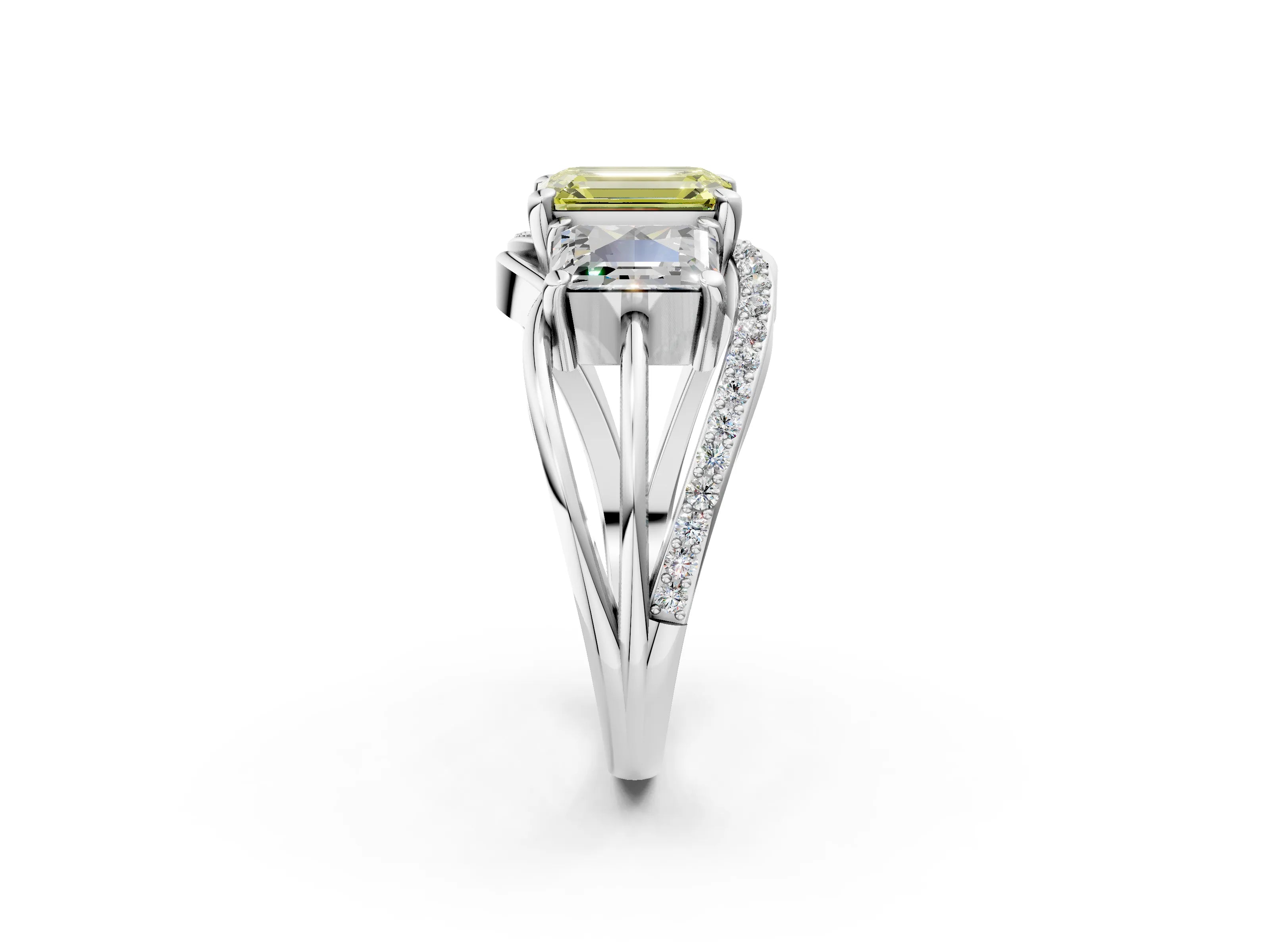 White gold Three-Stone Fancy Yellow Emerald Cut Cut Diamond Split Shank Prong Set Ring_26