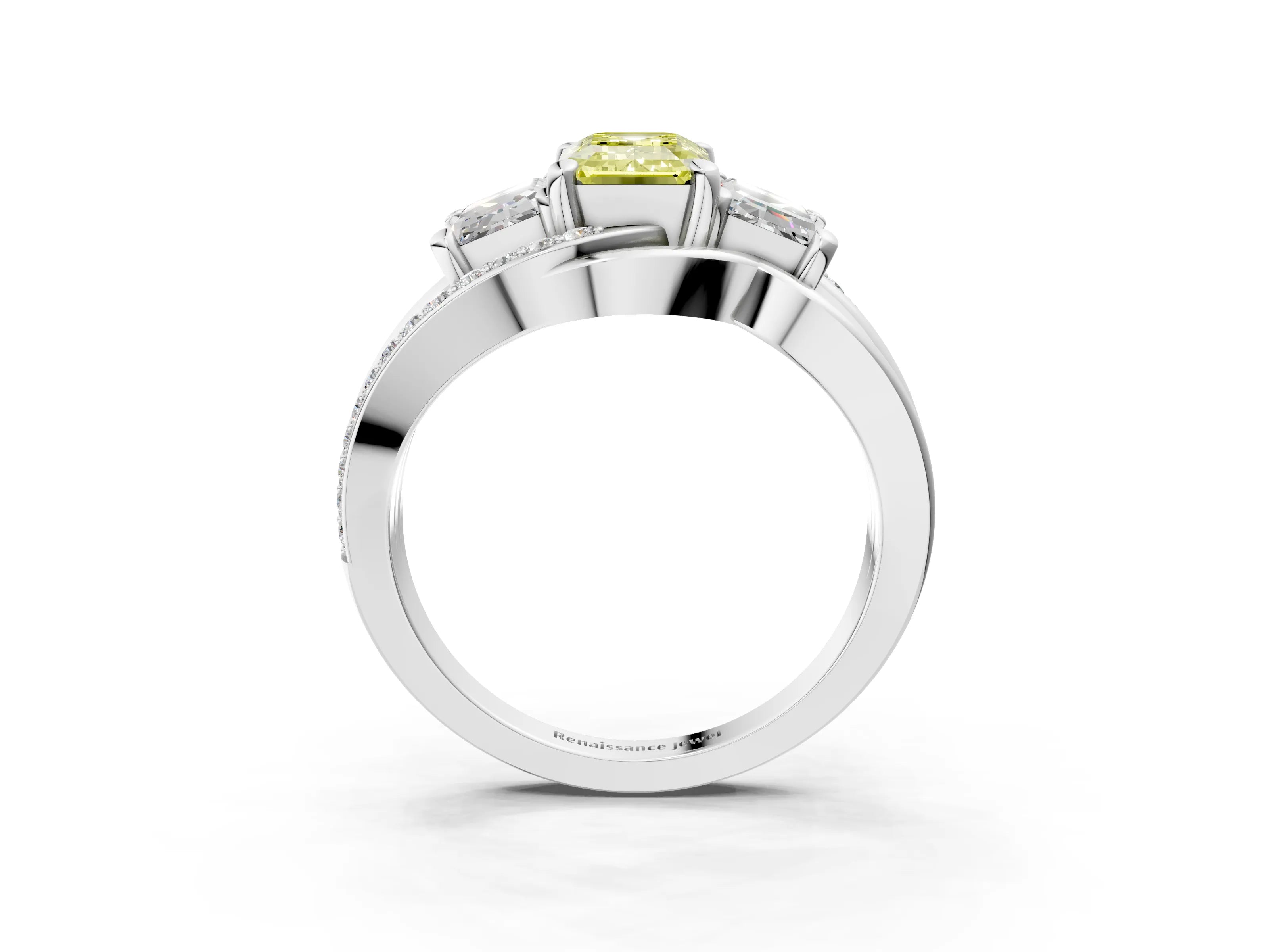 White gold Three-Stone Fancy Yellow Emerald Cut Cut Diamond Split Shank Prong Set Ring_27