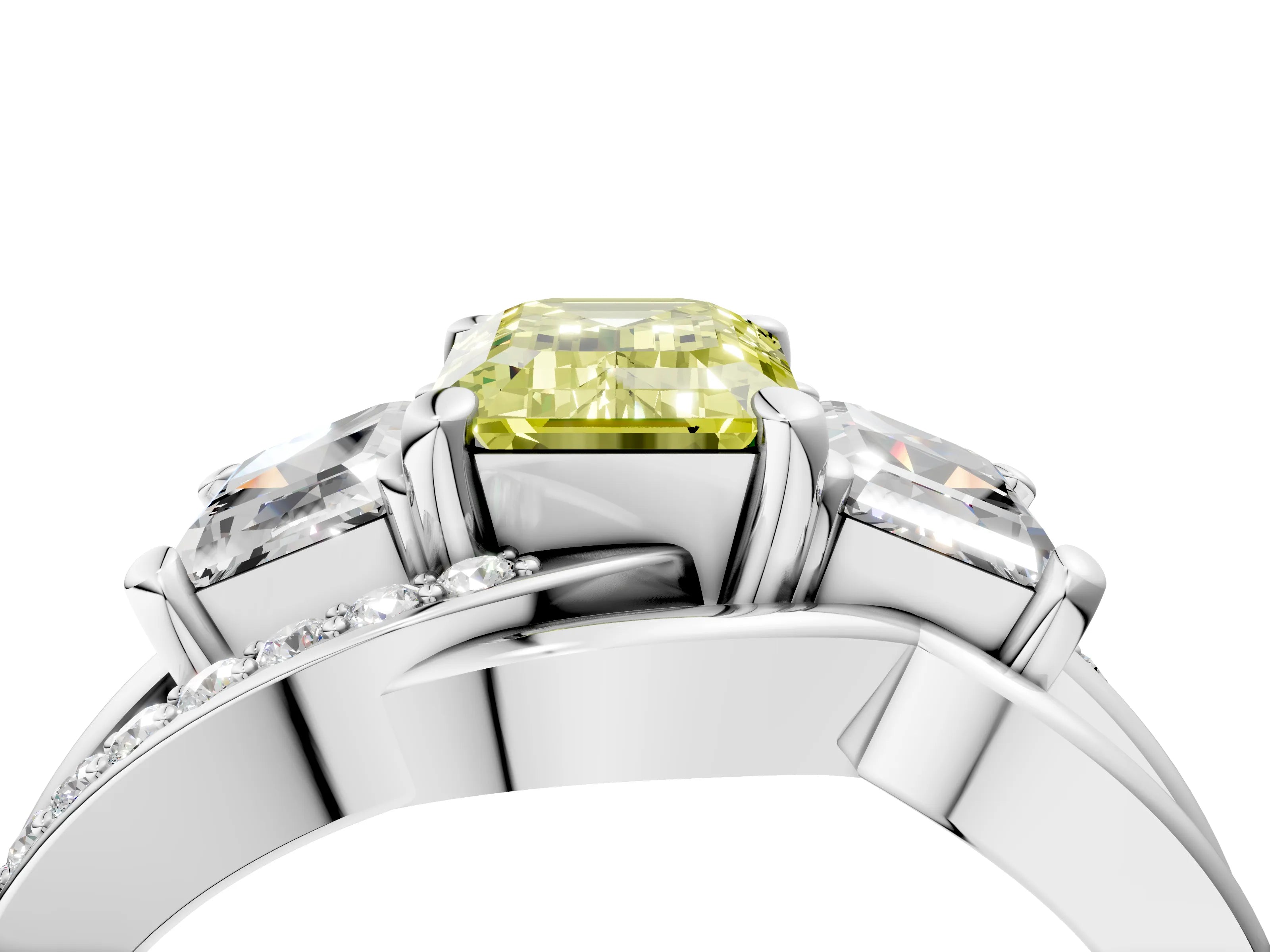 White gold Three-Stone Fancy Yellow Emerald Cut Cut Diamond Split Shank Prong Set Ring_28