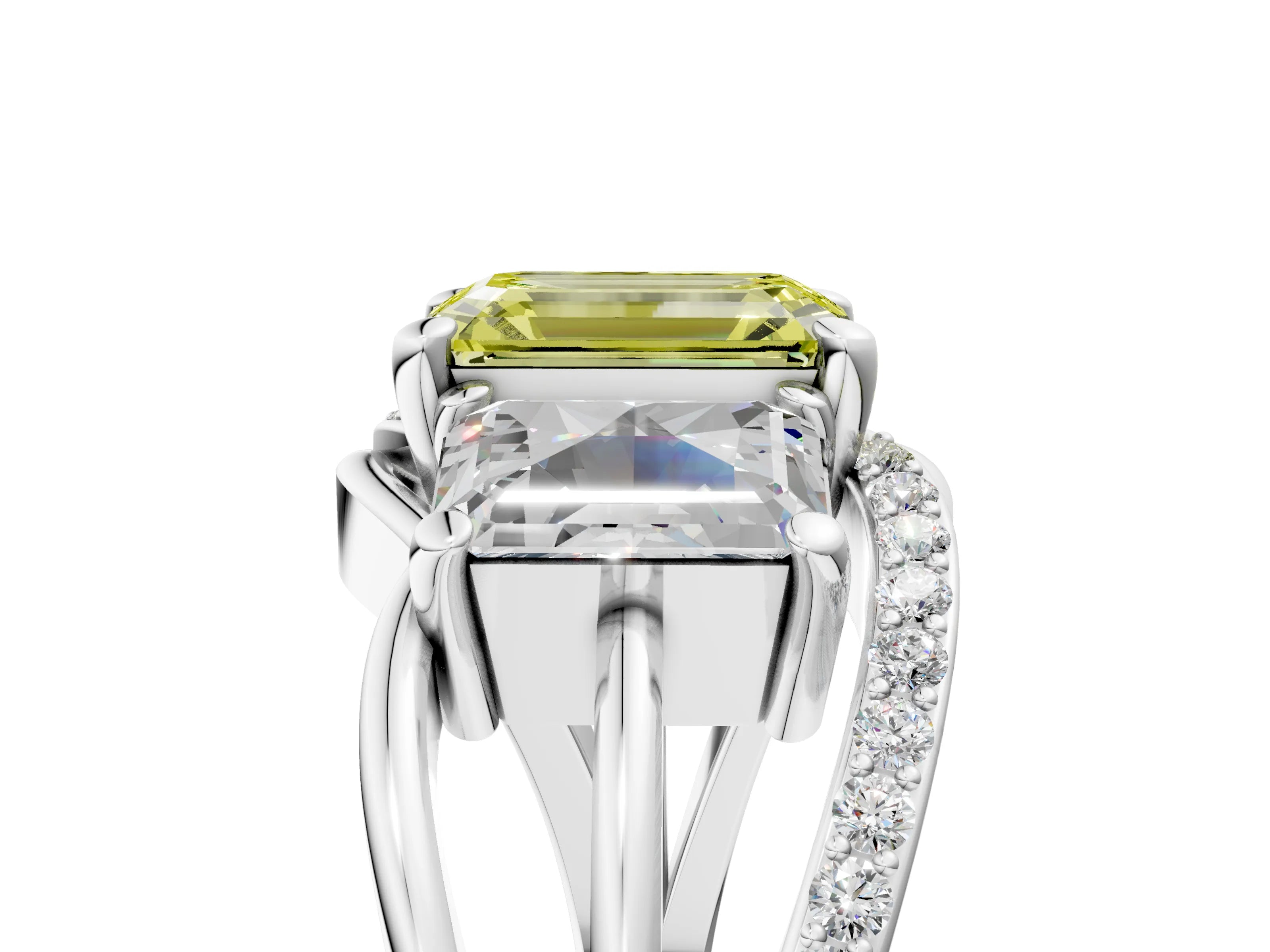 White gold Three-Stone Fancy Yellow Emerald Cut Cut Diamond Split Shank Prong Set Ring_29