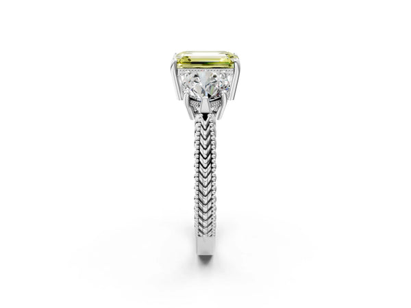 White Gold Emerald Cut Vintage Three Stone Engagement Ring Setting for Fancy Yellow Center