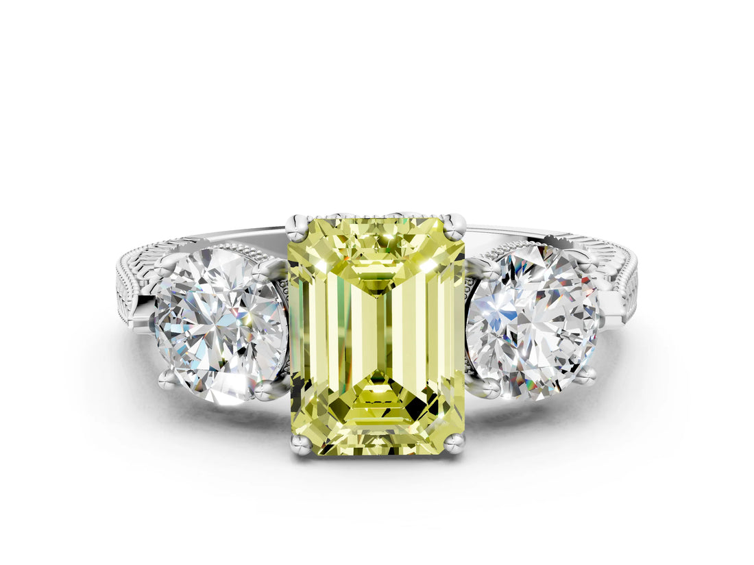 White gold Three-Stone Fancy Yellow Emerald Cut Cut Milgrain Band Prong Setting Ring